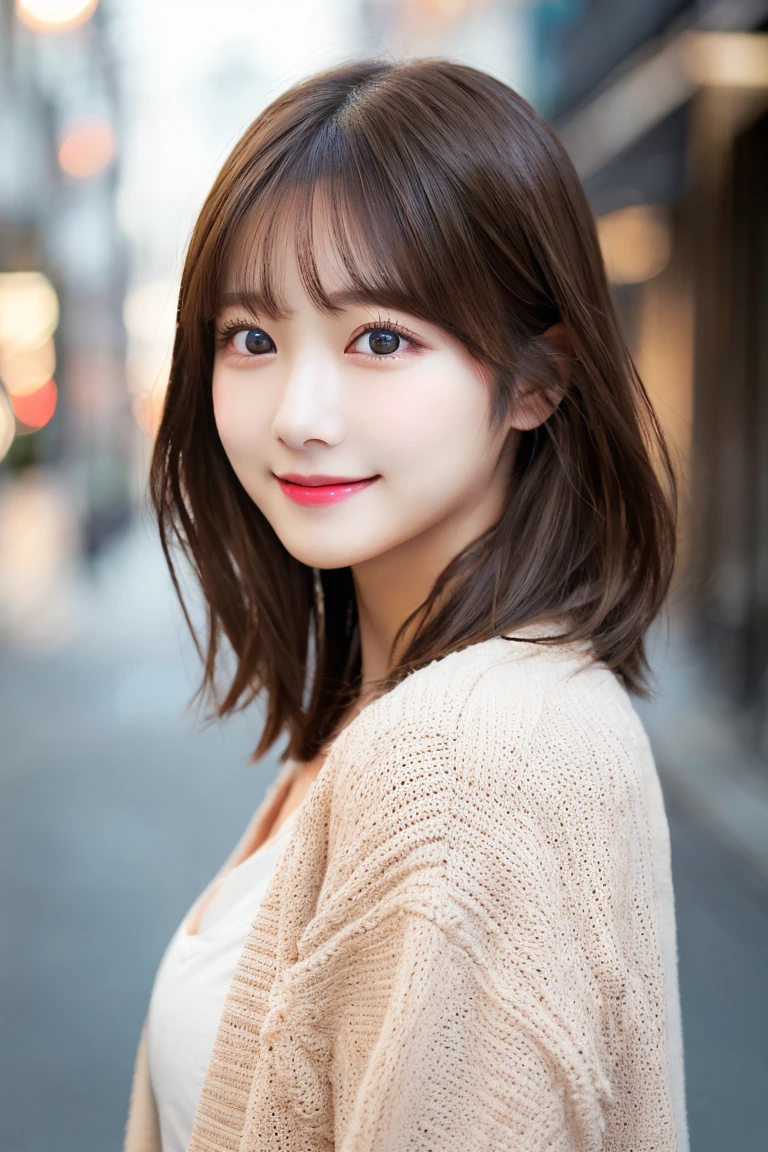 8K highest quality、(beautiful)、woman、Brown Hair、22 years old、Semi-short hair、Big Eyes、Natural Lip、Gal、Fine skin、Brown eyes、smile、cardigan