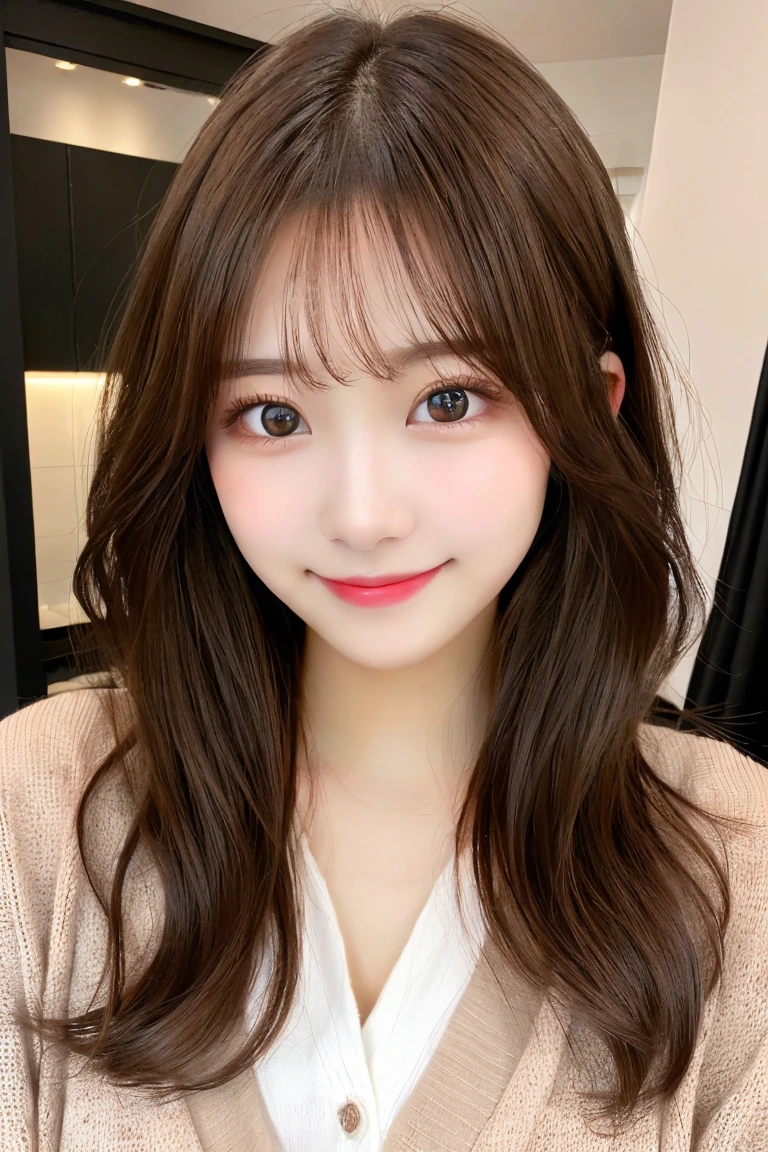 8K highest quality、(beautiful)、woman、Brown Hair、22 years old、Semi-short hair、Big Eyes、Natural Lip、Gal、Fine skin、Brown eyes、smile、cardigan