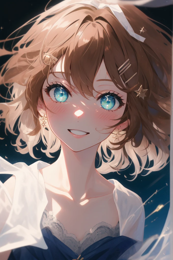 (masterpiece, best quality), hyperdetailed, absurdres, clean lines, one girl,15 years old, blush, medium_hair, (brown_hair:1.3), thin hair clip, blue colorshift eyes, expressive eyes, collarbone, smile, night, stars, green dress,