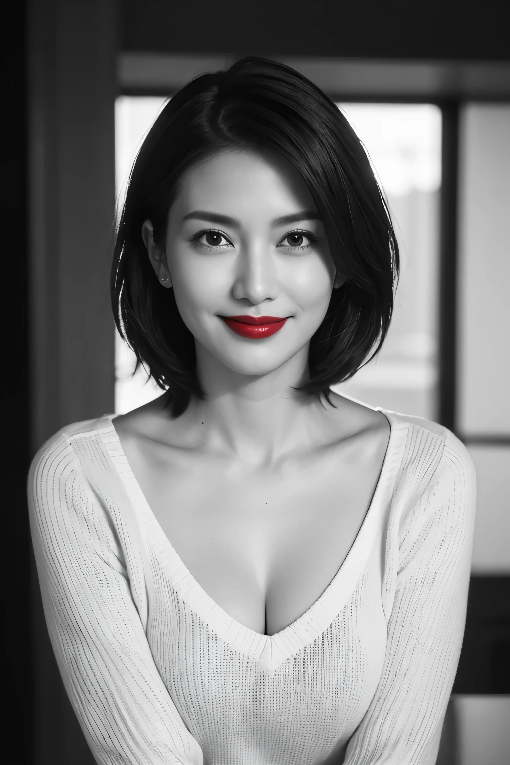 Tabletop, Highest quality, Realistic, Very detailed, finely, High resolution, 8k wallpaper, RAW Photos, Professional, High level of detail, 1 girl, ((((Black and white photography)))), (((Red lips))), ((Looking into the camera)), (((A slight smile))), Upper Body, short hair, Bob Hair, (Straight hair), Shapely breasts, Cleavage, V-neck light knit sweater