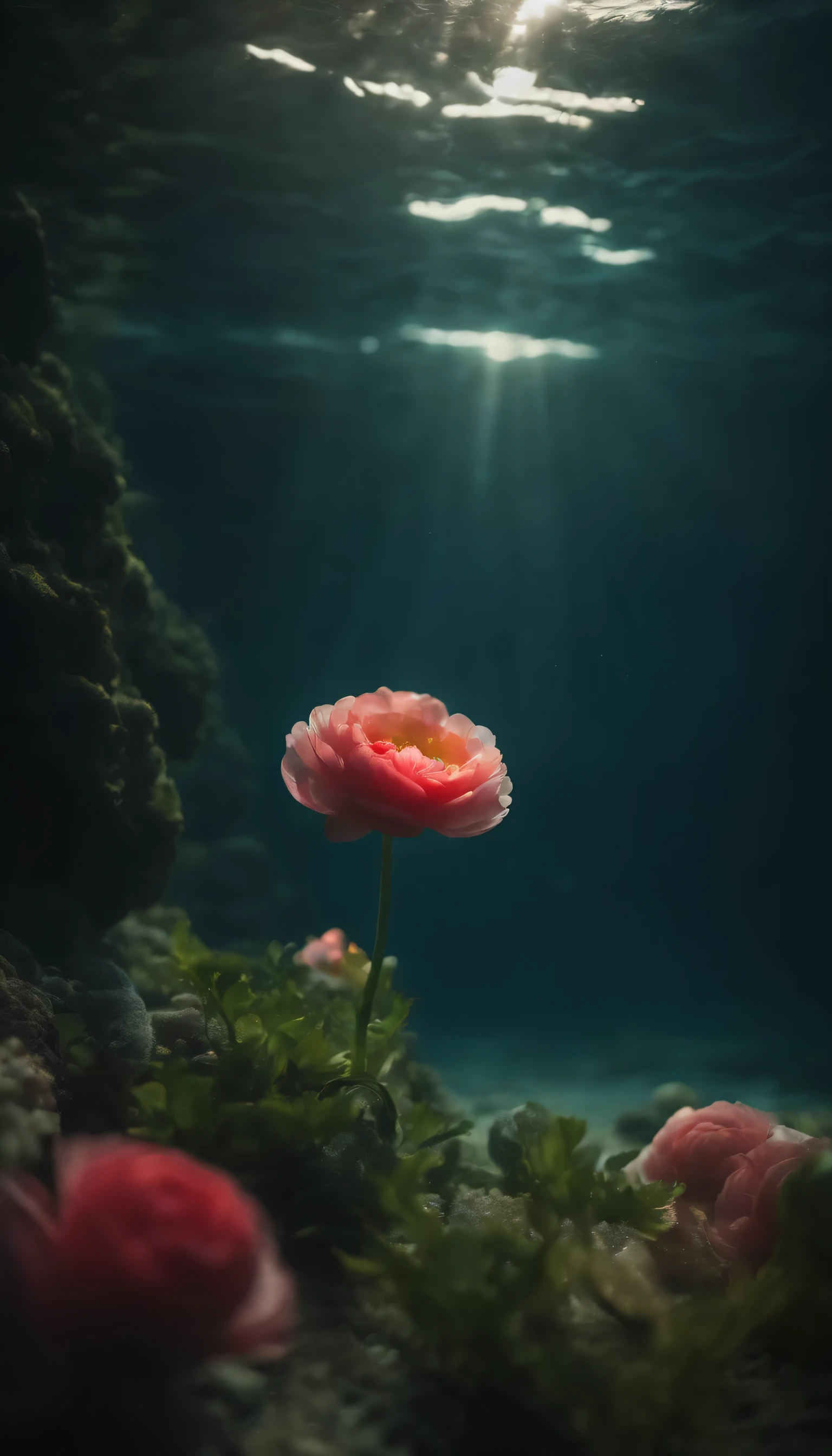 deep sea、Fantasy、Ranunculus blooming abundantly on the seabed、High resolution、In the water