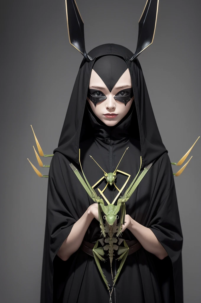 A praying mantis with scissor claws and wearing a Black Death mask