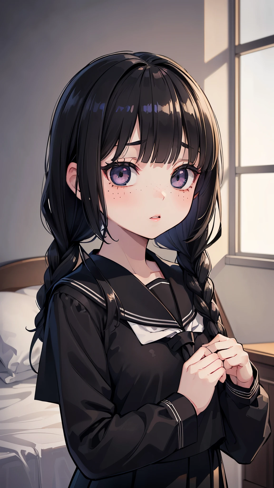 (Highest quality, Ultra-high resolution, Very detailed), (Realistic,超Realistic), Perfect lighting、Medium chest、Perfect Woman,Perfect Face, (Perfect Anatomy, Anatomically correct), Symmetrical face、Baby Face、((Shiny Hair)),(masterpiece),8k,Very clear,(Ultra-realistic), One Girl,Wide Shot,((Medium chest))、(Medium bust)、(Highest quality), Realistic, (Live Action, Intricate details), blush,(Bedroom bed),16-year-old high school girl、((Introvert girl))、(Black school uniform),(The bangs slightly cover the eyes), ((Shiny black short braids)), (Big black eyes), (Long eyelashes), Beautiful Face,(((Black Sailor Suit))), ((Juicy lips))、(((freckle)))、(((Insidious girl)))、((Gloomy Girl))、Lie