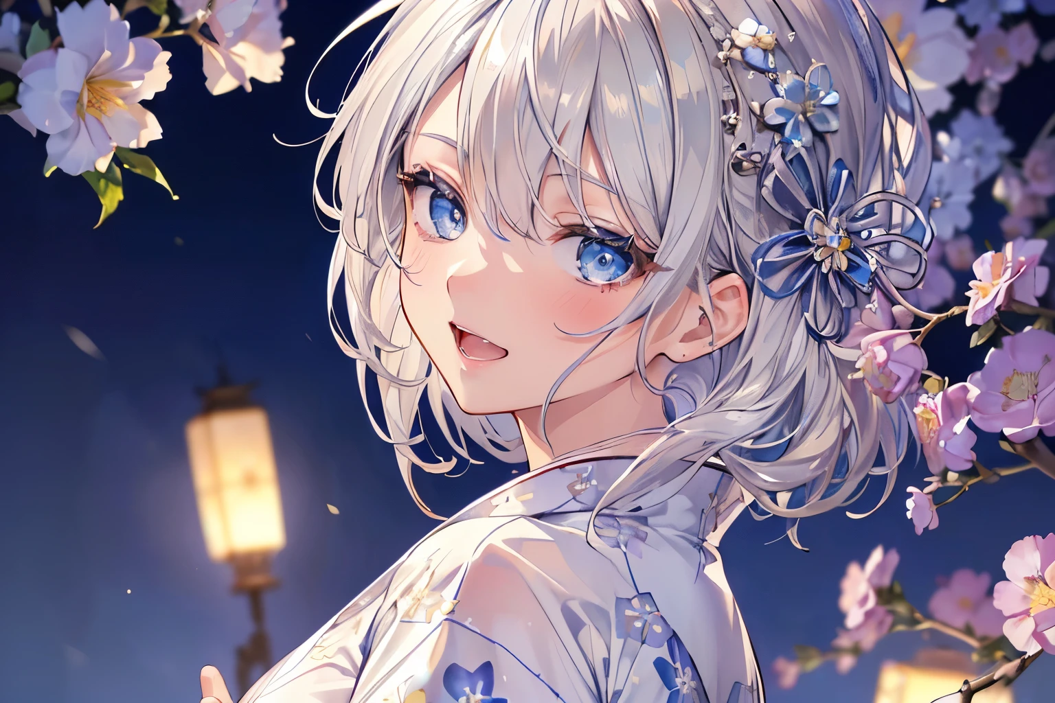 (Best quality,4K,8K,High resolution,Masterpiece:1.2),Super detailed,(Actual, Realistic),
break,
((Beautiful clear blue eyes:1.2)),very kind eyes,eyes wide open,
break,
((Beautiful and shiny silver hair:1.3)),A dazzling smile, a bursting smile, an open mouth laugh,
break,
(floral patterned yukata:1.3),
break,
((bust shot)),zoom in,Lantern Festival