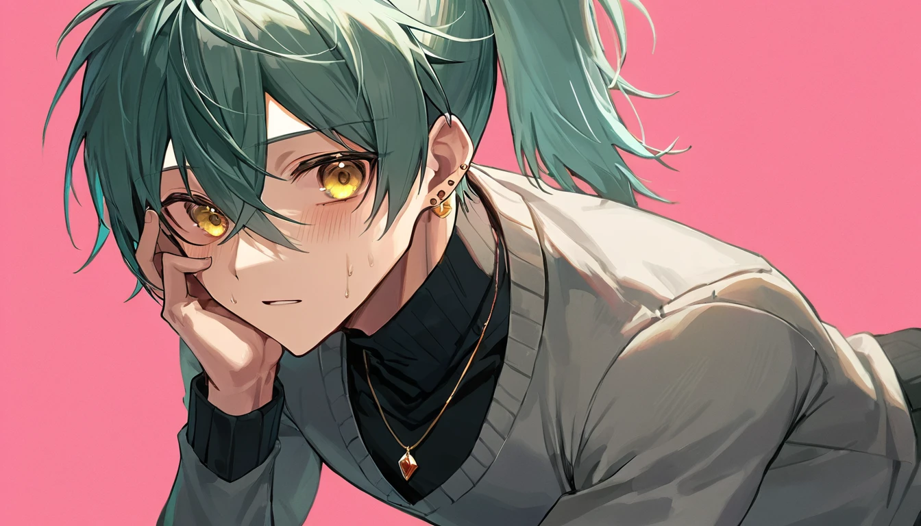((((best masterpiece, best quality, wallpaper,)))) solo, guy, male body, small muscles, flat chest, 1male, 30 years old, handsome man, dramatic angle, upper body, looking at viewers, beautiful detailed, mediumturquoise hair, ((((Lower short ponytail)))), asymmetrical bangs, ((short hair,)) blush stickers, sweat, (((perfect face, extremely detailed eyes,))) ((( jitome, gold eyes, ^o^, tareme, droopy eyes,))) perfect hands, sharp nose, clear face, black turtleneck, grey cardigan, ((silver piercing, pendant,)) leggings, pink background color ultrasharp, 8K, masterpiece,