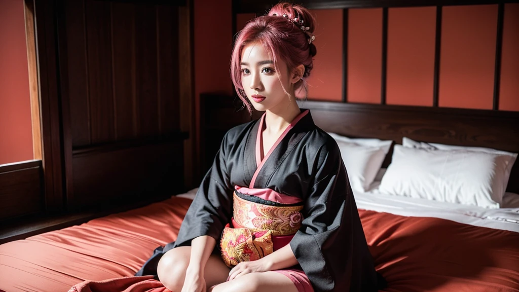21 yo girl, pink hair, (updo hair).wearing black kimono, Bali traditional style, Red Background, sitting on the bed