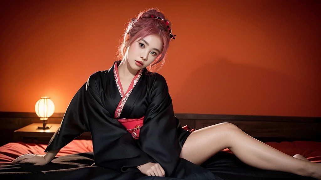 21 yo girl, pink hair, (updo hair).wearing black kimono, Bali traditional style, Red Background, sitting on the bed