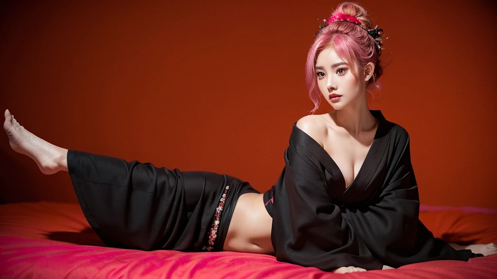 21 yo girl, pink hair, (updo hair).wearing black kimono, Bali traditional style, Red Background, sitting on the bed
