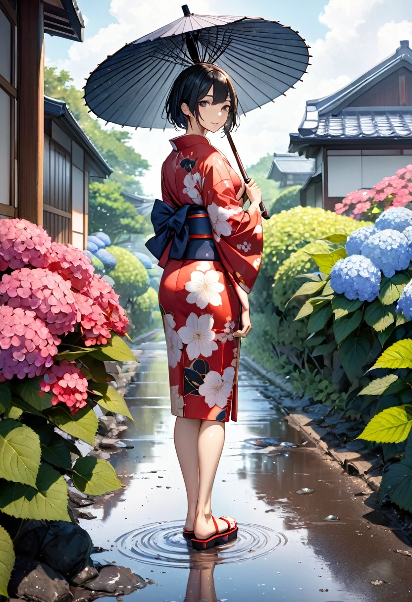 (One japanese woman:1.5), (Adult japanese women:1.5), (slender body:1.3), Black Hair, Black eye, Super short hair, Wearing a floral pattern japanese yukata, Holding a Japanese umbrella, wearing red japanese sandals, Backshot, Look back at the camera, Hydrangea below half of the foreground, Sky after rain, A few puddle on the ground