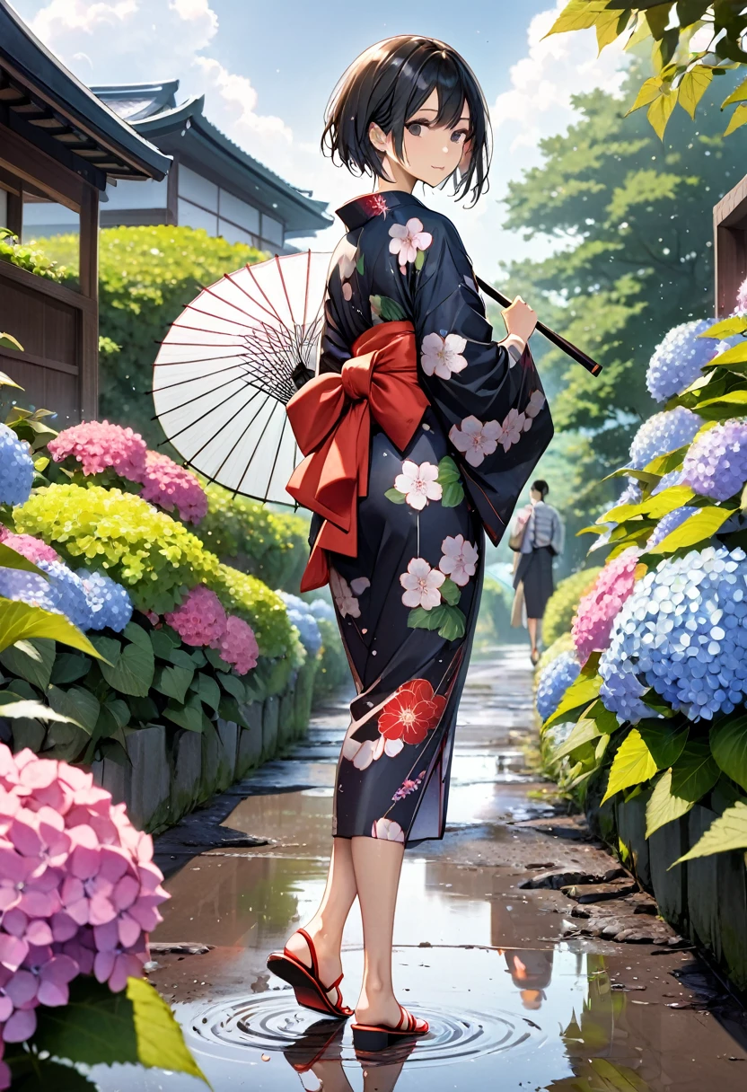 (One japanese woman:1.5), (Adult japanese women:1.5), (slender body:1.3), Black Hair, Black eye, Super short hair, Wearing a floral pattern japanese yukata, Holding a Japanese umbrella, wearing red japanese sandals, Backshot, Look back at the camera, Hydrangea below half of the foreground, Sky after rain, A few puddle on the ground