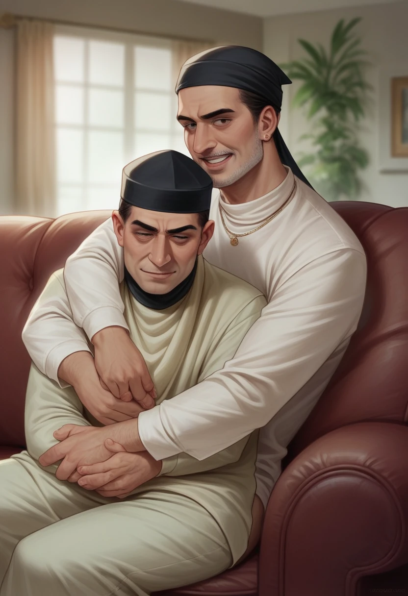 masterpiece, an Indonesian family consisting of 3 children. 25 year old father wearing a black skullcap. Mother wearing a hijab aged 25 years. They both sat together on the sofa. Behind the two of them was a 15 year old boy wearing a black skullcap, he was embracing his parents from behind. They wore matching white Muslim clothes. Highly realistic, 32k, intricate details, sharp focus, realistic, Very bright living room setting. Ultra HD