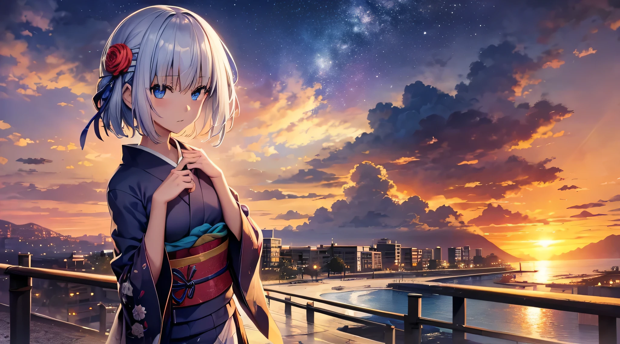 origamitobiichi, origami tobiichi, blue eyes, short hair, hot spring, white hair, hair clips, hair pins, japanese_clothes, kimono, 1girl, solo, white_kimono, floral_print, hair_bun, upper_body, blush, sash, eyebrows_visible_through_hair, blue_kimono, wide_sleeves, bangs, print_kimono, hair_flower, BREAK (masterpiece:1.2), best quality, high resolution, unity 8k wallpaper, (illustration:0.8), (beautiful detailed eyes:1.6), extremely detailed face, perfect lighting, extremely detailed CG, (perfect hands, perfect anatomy), There is a painting of a road with wires and poles, anime countryside landscape, Anime background art, Anime landscape, Highly detailed illustration.”, anime style cityscape, Makoto Shinkai's style, anime backgrounds, Anime landscapes, in the style of makoto shinkai, drawn in anime painter studio, beautiful anime scenery, Anime landscape concept art, low details. Digital painting, full bodyesbian, winter weather, snow