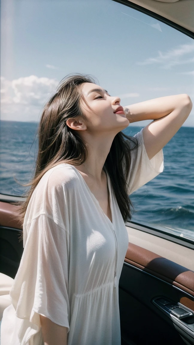Create a serene portrait of a young woman, long hair, (look forward up). She is wearing a loose-fitting white blouse. standing on the rock arms stretched out very happy. Her eyes are looking up, natural medium breast, and she has a peaceful expression on her face, enjoying the moment. The background inside a car. The overall mood of the image is reflective and serene, capturing the essence of relaxation and peace by the sea.