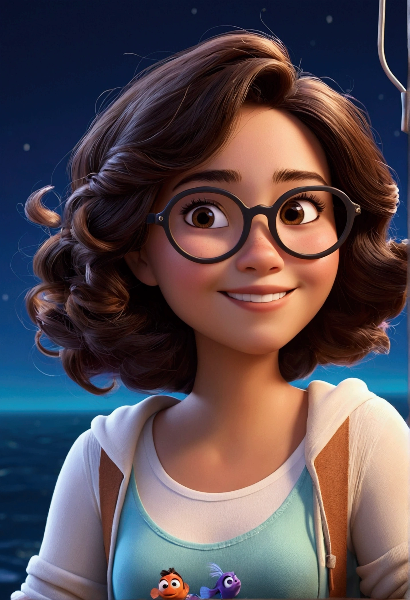 Imagem estilo pixar com personagem 3D óculos brancos morena mulher cabelo curto cacheado dançando, Disney makeup,fisherman, cute, smiling ,close up, pixar, Disney, cinema lighting,