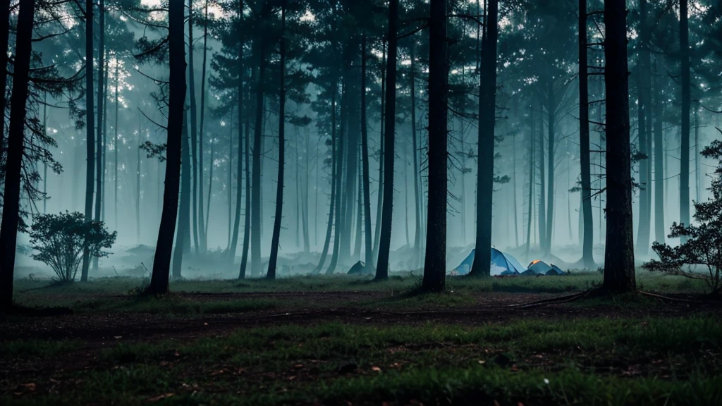 A hauntingly beautiful 16:9 panorama of a dense, shadowy forest at night, where towering trees stand like silent sentinels, their gnarled branches reaching out like skeletal fingers against the backdrop of a moonless sky. An untidy campsite lies in the distance, with small tents haphazardly pitched and a nearly extinguished fire casting flickering shadows. Scattered backpacks and utensils increase the feeling of abandonment. In the shadows, a werewolf with reddish-brown fur that walked on its hind legs with a muscular, menacing body, its eyes glowing like embers, stalks the camp, its every movement shrouded in mystery. A light mist hangs over the forest floor, adding an ethereal quality to the scene, while rays of dim light pierce the trees, casting eerie patterns on the ground. The color palette is dominated by dark, cool tones such as black, grey, dark blue and dark green, with contrast slightly increased to highlight key elements, creating a chilling atmosphere of suspense and foreboding.