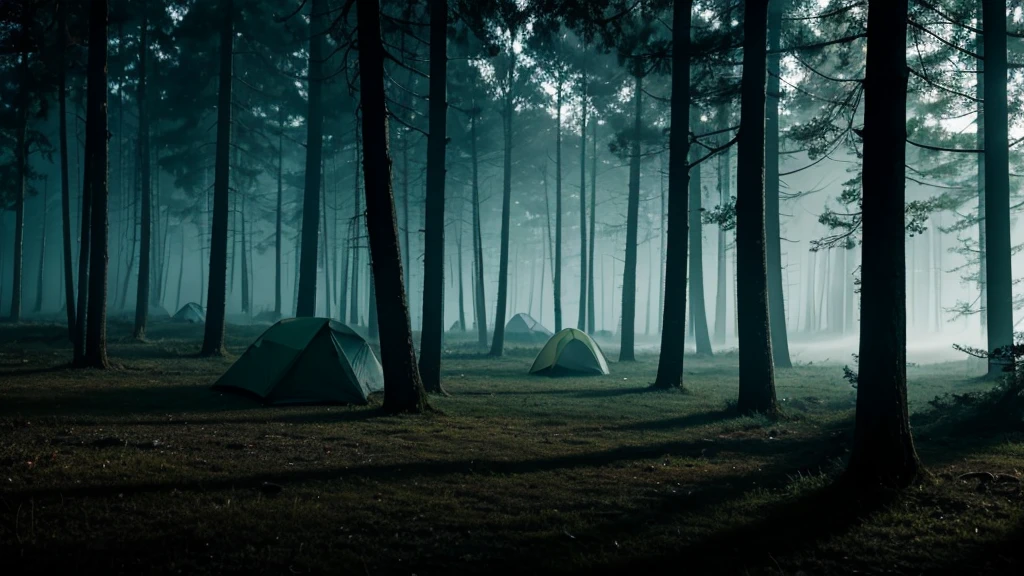 A hauntingly beautiful 16:9 panorama of a dense, shadowy forest at night, where towering trees stand like silent sentinels, their gnarled branches reaching out like skeletal fingers against the backdrop of a moonless sky. An untidy campsite lies in the distance, with small tents haphazardly pitched and a nearly extinguished fire casting flickering shadows. Scattered backpacks and utensils increase the feeling of abandonment. In the shadows, a werewolf with reddish-brown fur that walked on its hind legs with a muscular, menacing body, its eyes glowing like embers, stalks the camp, its every movement shrouded in mystery. A light mist hangs over the forest floor, adding an ethereal quality to the scene, while rays of dim light pierce the trees, casting eerie patterns on the ground. The color palette is dominated by dark, cool tones such as black, grey, dark blue and dark green, with contrast slightly increased to highlight key elements, creating a chilling atmosphere of suspense and foreboding.