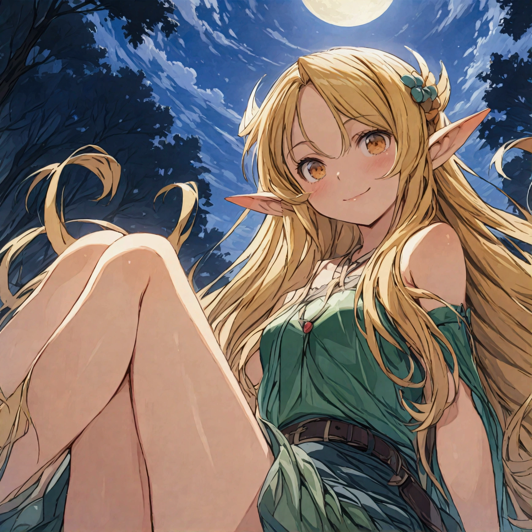 (masterpiece, best quality, top quality, high resolution, highres), (insanely detailed, ultra-detailed, super detailed, highly detailed) ,(HDR, uhd), (studio lighting), ultra-fine drawing, sharp focus, physically based rendering, professional, vibrant colors, 

アニメ, cartoon, kawaii, how, 

Long shot, panorama, Distant view, 
from below, 
Waist, Thighs, knees,

(((a girl, 独奏))), elf girl, Elf Ears, 
Close eyes, Tilt head, Sitting with legs crossed, Sleeping while sitting with knees hugged, 

(((night, midnight, moonlight))), 
(((forest, deep forest, one bonfire))), 

medieval European clothing, adventurer's clothing, 
