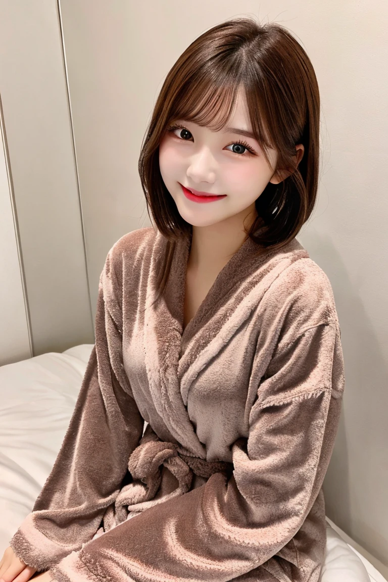 8K highest quality、（beautiful）、woman、Brown Hair、22 years old、Semi-short hair、Big Eyes、Natural Lip、Gal、Fine skin、Brown eyes、smile、bed、Bathrobes