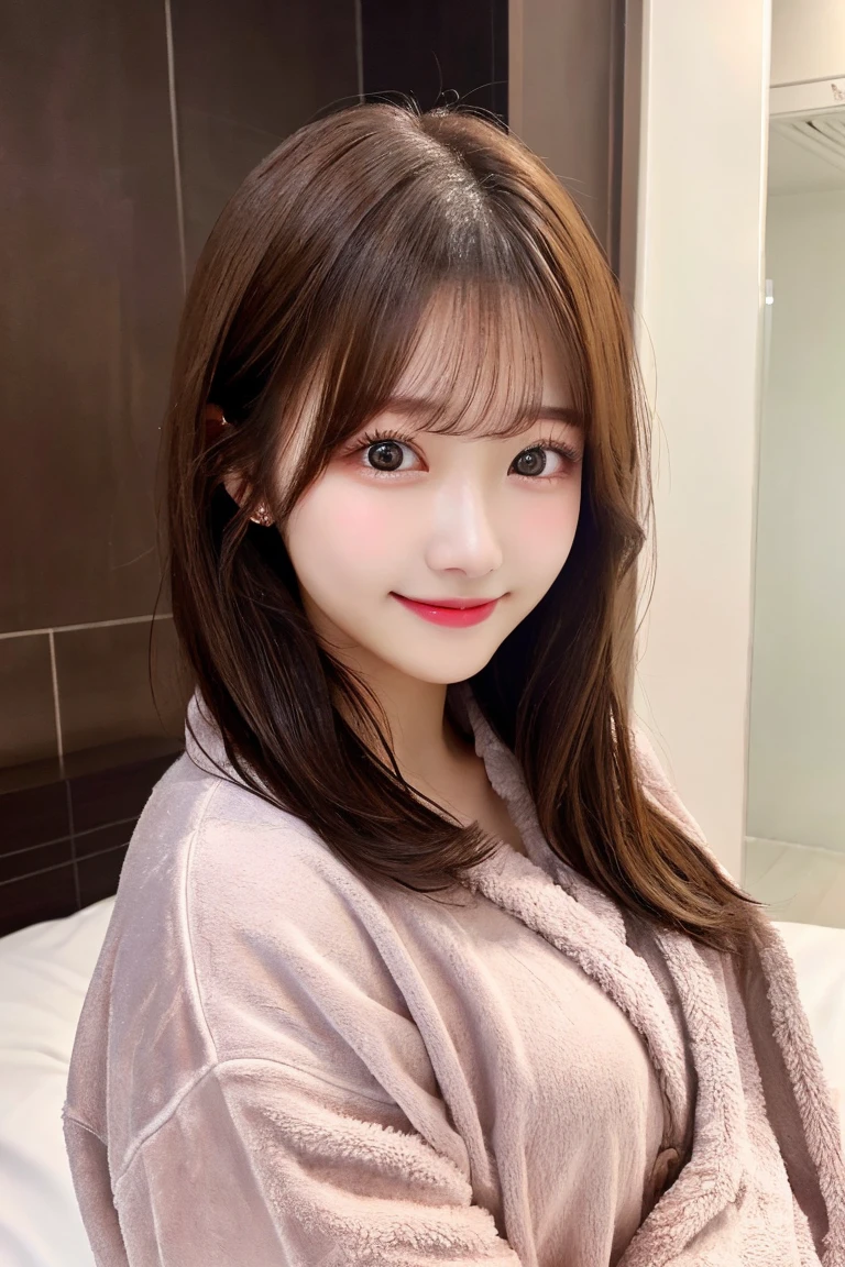 8K highest quality、(beautiful)、woman、Brown Hair、22 years old、Semi-short hair、Big Eyes、Natural Lip、Gal、Fine skin、Brown eyes、smile、bed、Bathrobes