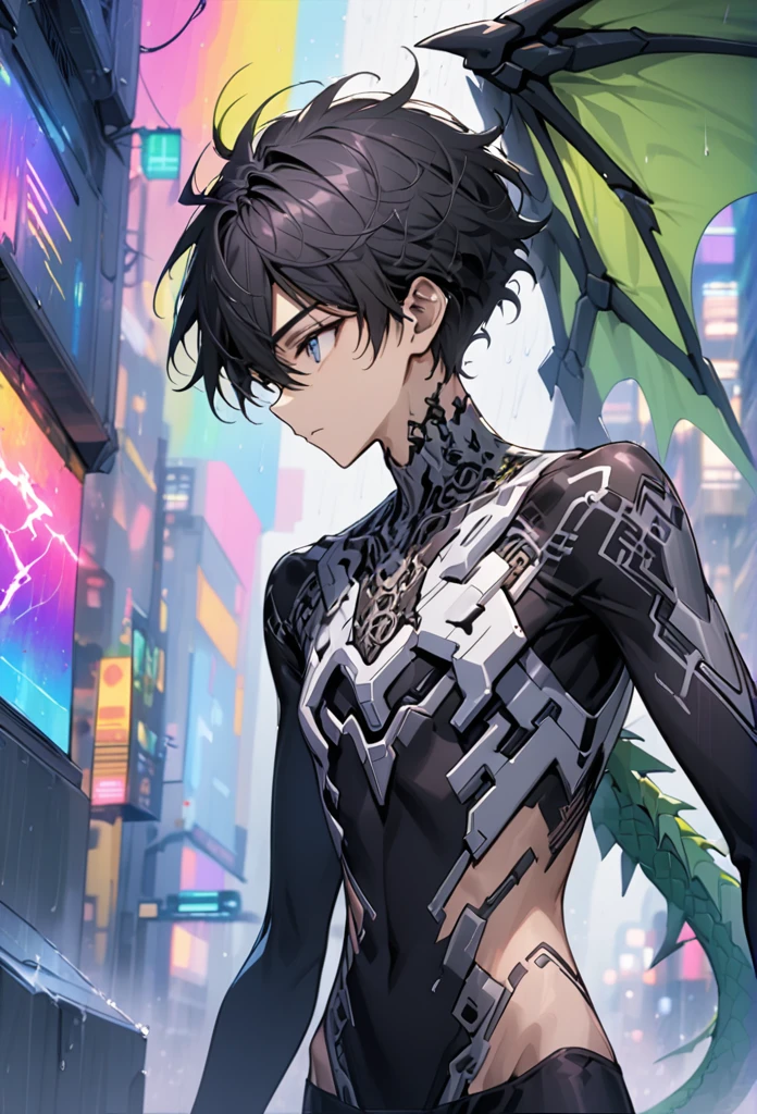 {{master piece}}, best quality, photograph of sexy twink, ((wearing no armor)), ((small flat soft human chest, armor does not cover his soft bare skin on his chest and bare torso, ((exposed flat pectoralis muscles)), handsome detailed eyes, handsome boyish face, detailed cyberpunk city, flat chest, handsome detailed hair, wavy hair, handsome detailed street, mecha clothes, robot boy, cool movement , skinny twink body, {filigree}, dragon wings, colorful background, rainy days, {lightning effect}, beautiful, detailed sliver dragon armor，