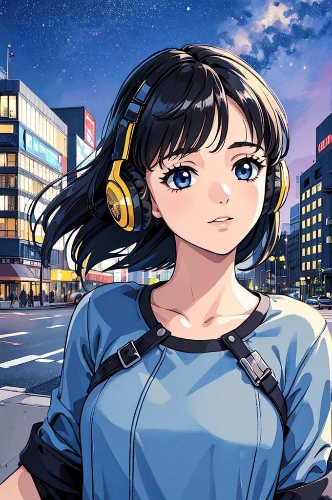 ((masterpiece)),(((Highest quality))),((Super detailed)) Realistically, 1 Girl, beautiful, Wearing headphones, one person　Watching the night view, city, Starry Sky, building, night.　Black hair bob　The wind is blowing　sexy Photogenic night view　Girl sideways