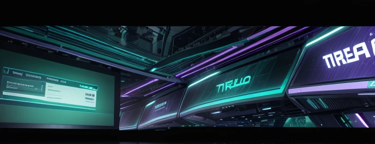 Trello banner image, technological characteristics, video monitoring and attendance project, generate image with green colors, cerulean, matte black and purple, with bold designer.