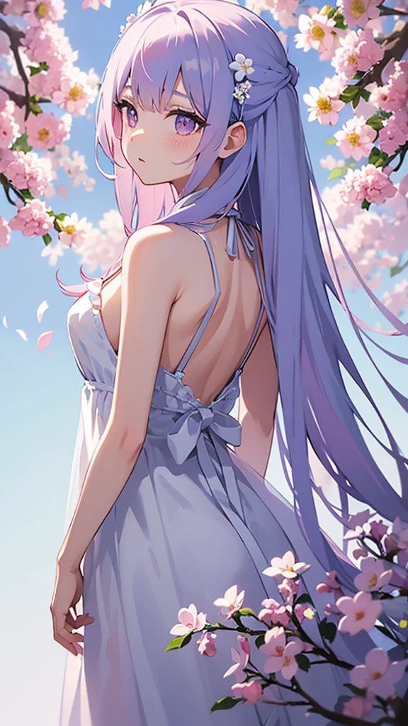 best qualityer, work of art, extremely detaild, detailed back ground, 1 girl, standing alone, long hair, flowers, hair blue, White background, pink flowers, simple background, perfil, trunk, chemise, white chemise, white flowers, 弓, bangss, purples eyes, ventail, blush