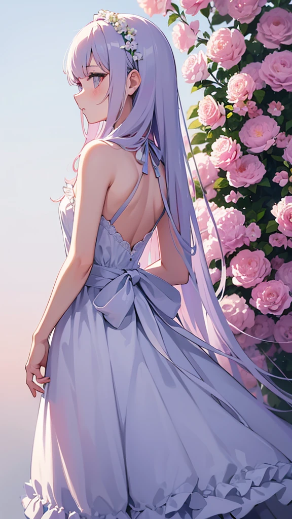 best qualityer, work of art, extremely detaild, detailed back ground, 1 girl, standing alone, long hair, flowers, hair blue, White background, pink flowers, simple background, perfil, trunk, chemise, white chemise, white flowers, 弓, bangss, purples eyes, ventail, blush