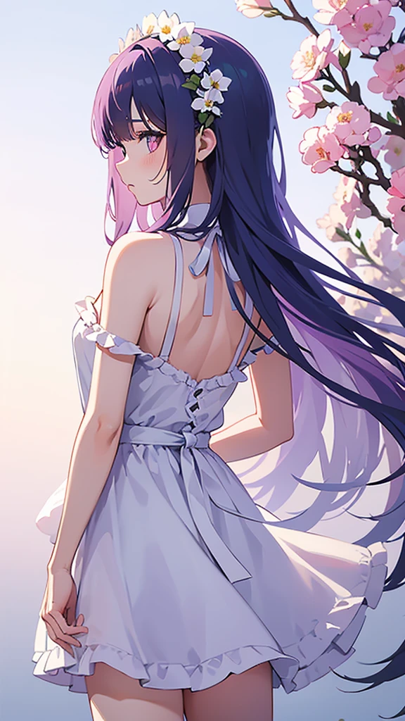 best qualityer, work of art, extremely detaild, detailed back ground, 1 girl, standing alone, long hair, flowers, hair blue, White background, pink flowers, simple background, perfil, trunk, chemise, white chemise, white flowers, 弓, bangss, purples eyes, ventail, blush