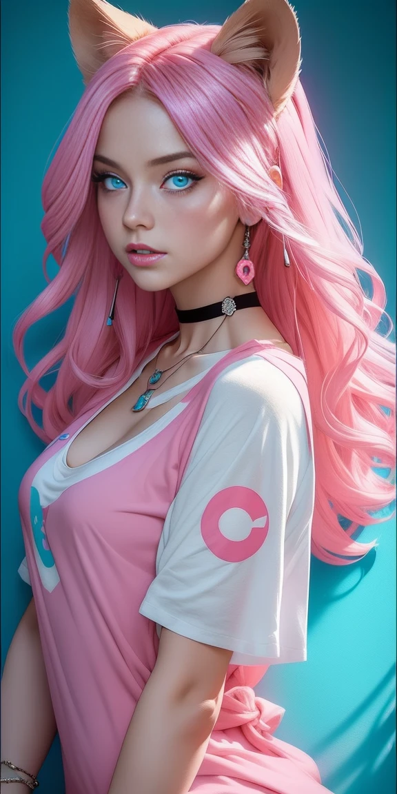 Digital art portrait featuring a young woman with long, vibrant pink hair cascading over her shoulders. She has fair skin, intense blue eyes, and a serious expression. She is wearing a black t-shirt with a white cat graphic and a necklace with a rectangular pendant. The background includes a softly lit room with a pink teddy bear and posters on the wall, one of which has a red circle resembling the Japanese flag. The overall color palette is dominated by pink and soft pastel tones, creating a warm and intimate atmosphere.