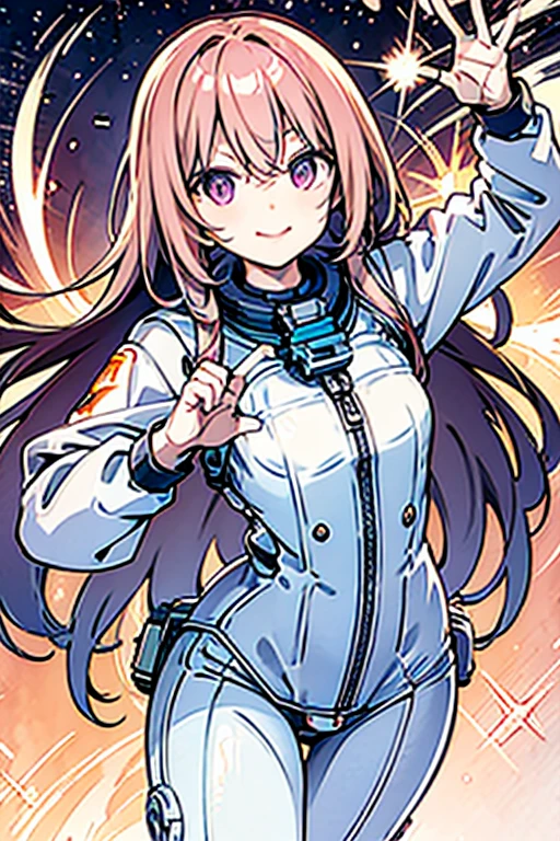 Perfect face. Perfect hands. A pink haired astronaut with violet eyes with an hourglass figure is smiling on a rocket
