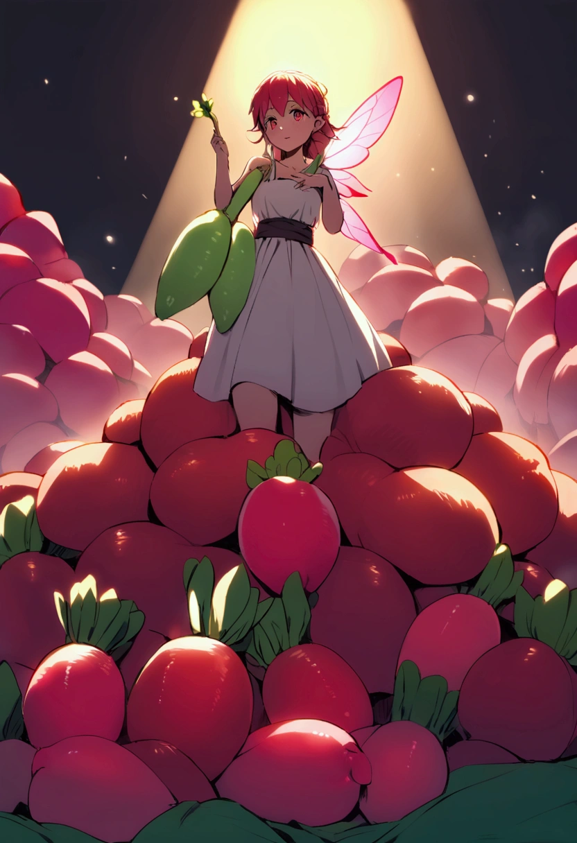 a fairy flying over a pile of red Radishes , holding one Radish on her hand