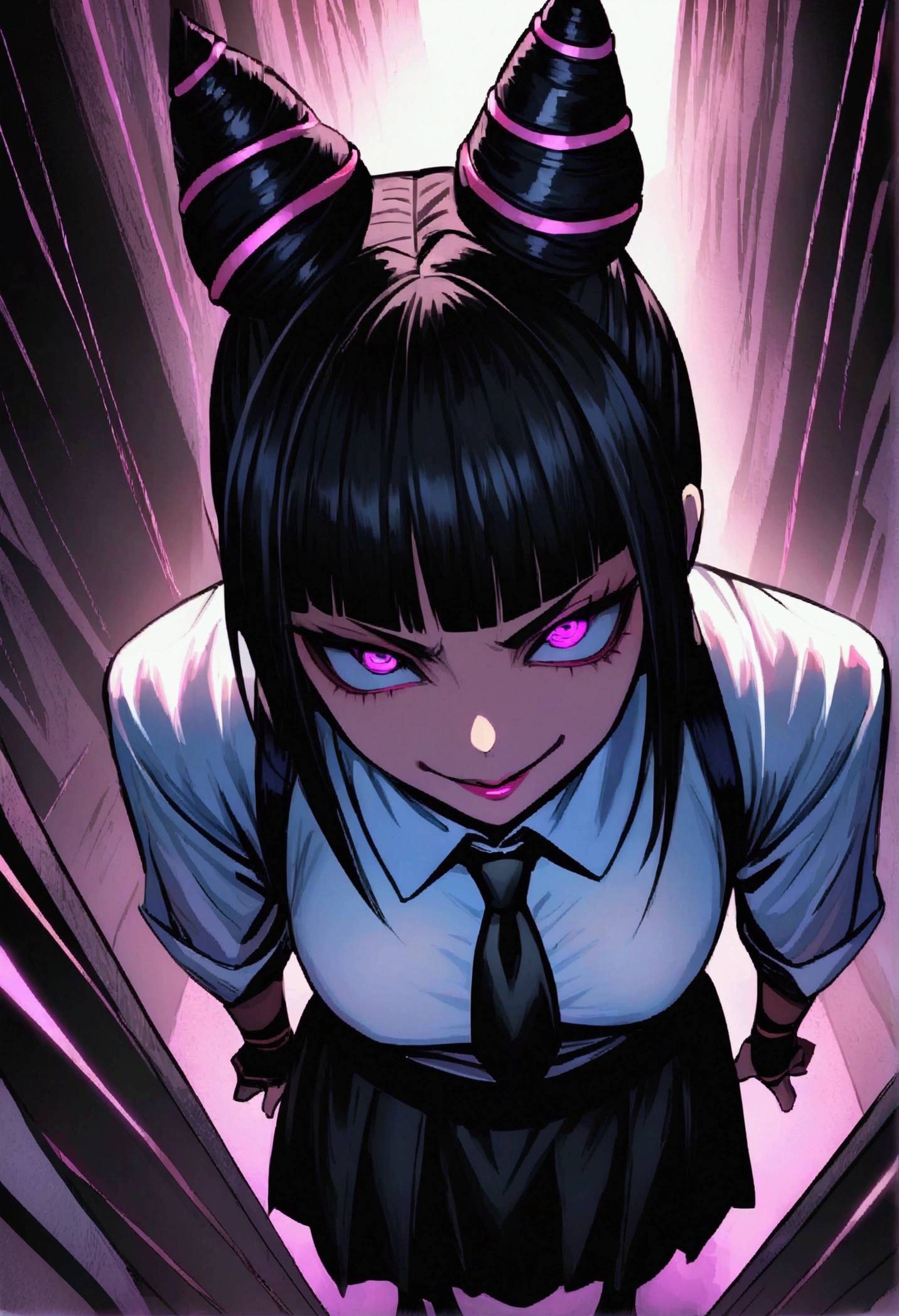 Juri Han, work of art, fitted white secretary shirt with black tie, very short black skirt, skirt short,sock, Bblack hair, socks pretas,Evil smile,tabletop,bangs on the eyes,Lighting,hair horn,from above view,staring overhead
