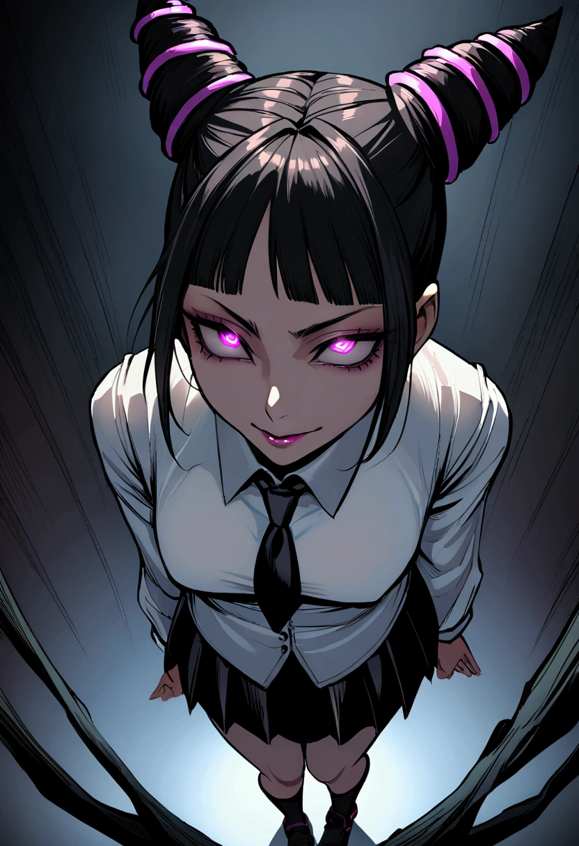 Juri Han, work of art, fitted white secretary shirt with black tie, very short black skirt, skirt short,sock, Bblack hair, socks pretas,Evil smile,tabletop,bangs on the eyes,Lighting,hair horn,from above view,staring overhead
