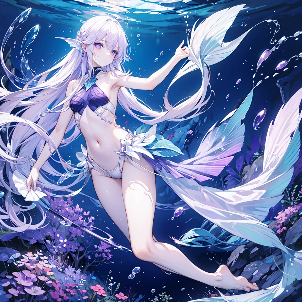 A male mermaid with a light purple fish tail, long white hair, light purple eyes, soft, thin, underwater.