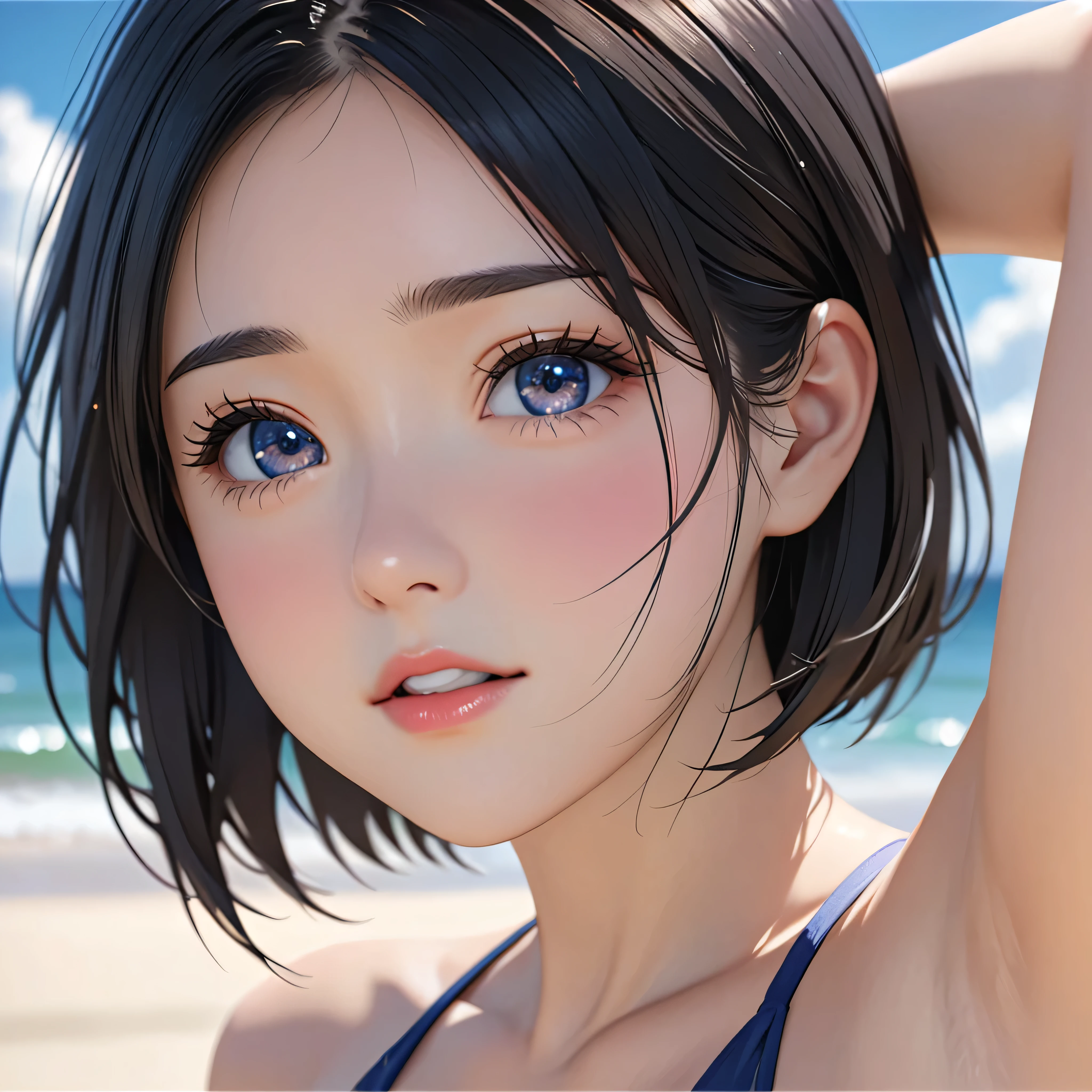 National Science Foundation,masterpiece,High resolution,8k,Art,digit,Three-dimensional,Realism,Kyoto Animation Style,your name movie style,looking into camera,On the scenic beach,(1 girl: 1.3),(alone: 1.4),Tiny Bikini Swimsuit,Put your hands behind your head,Black hair,Long eyelashes,Slender legs,Short Bob,Close-up of upper body,Close-up,(Close up),Eyes as deep as the starry sky,shy,blush,open mouth