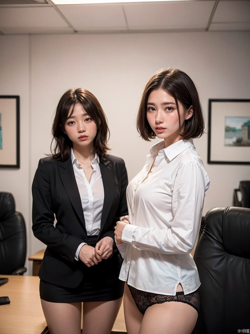 NSFW,8k, RAW Portrait (Japanese women),masterpiece、Photorealistic:1.2、Realistic, Ultra-high resolution, Highest quality, Real Life Photos ,( in the evening :1.1), , (((Two girls showing off their panties In the room)))、(Cute Face:1.3)、Japanese women,((office lady))、((本物のoffice lady))、((business art:1.6))、 Short Hairstyles,、In the room、 、big, beautiful, beautiful目, Black Hair,(Written boundary depth:1.3)、 ((Dark brown eyes:1.2))、(Realistic skin texture:1.3)、(Immersive atmosphere:0.8、Chiaroscuro:1.2) 、((Embarrassed look:1.4))、((Red cheeks:1.3))、((From belowの天井:1.2))、(smile:0.7)、((She's wearing tiny silk panties))、((Panty shot))、((A woman rolling up her skirt))、((From below:1.48))、((Crotch close-up:1.52))、((Pants with emphasis on the photo))、the most beautiful woman in the world、the most beautiful woman in the world、((Spread your legs:1.4))、、Fair skin、Multiple moles、(((Bra is visible、Large Breasts、Cleavage)))