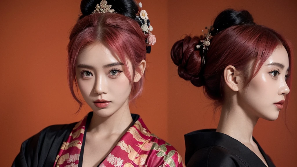 21 yo girl, pink hair, (updo hair).wearing black kimono, Bali traditional style, Red Background, 