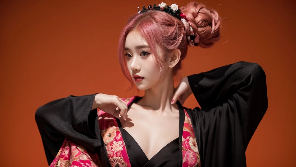 21 yo girl, pink hair, (updo hair).wearing black kimono, Bali traditional style, Red Background,