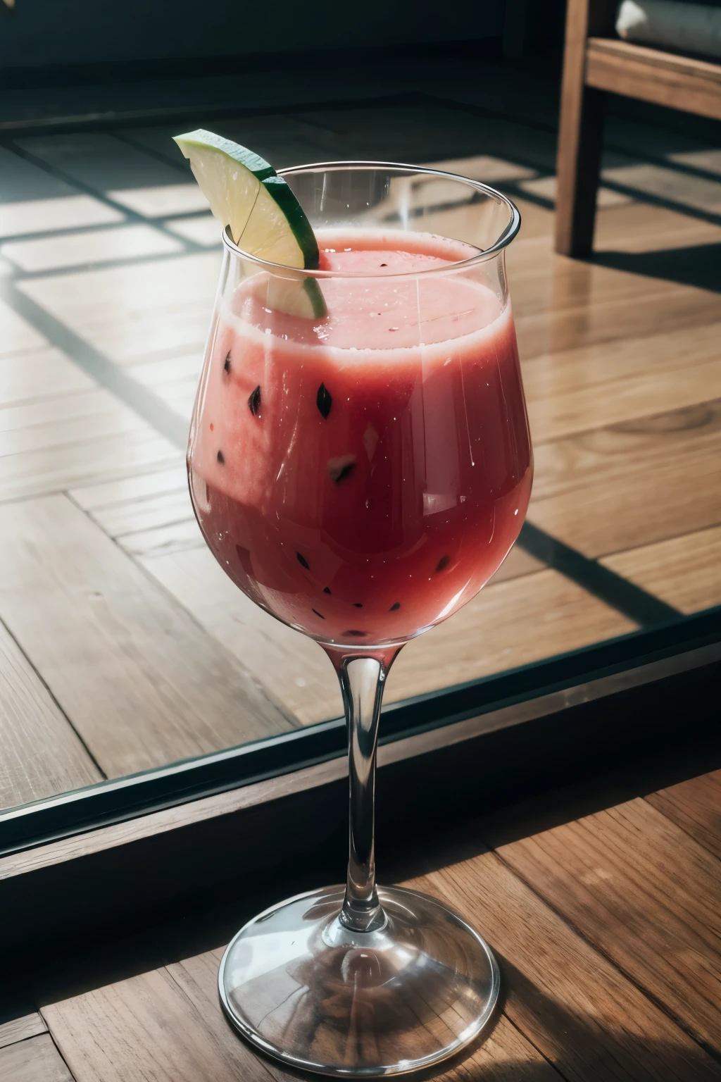 a glass with watermelon juice under a glass table 