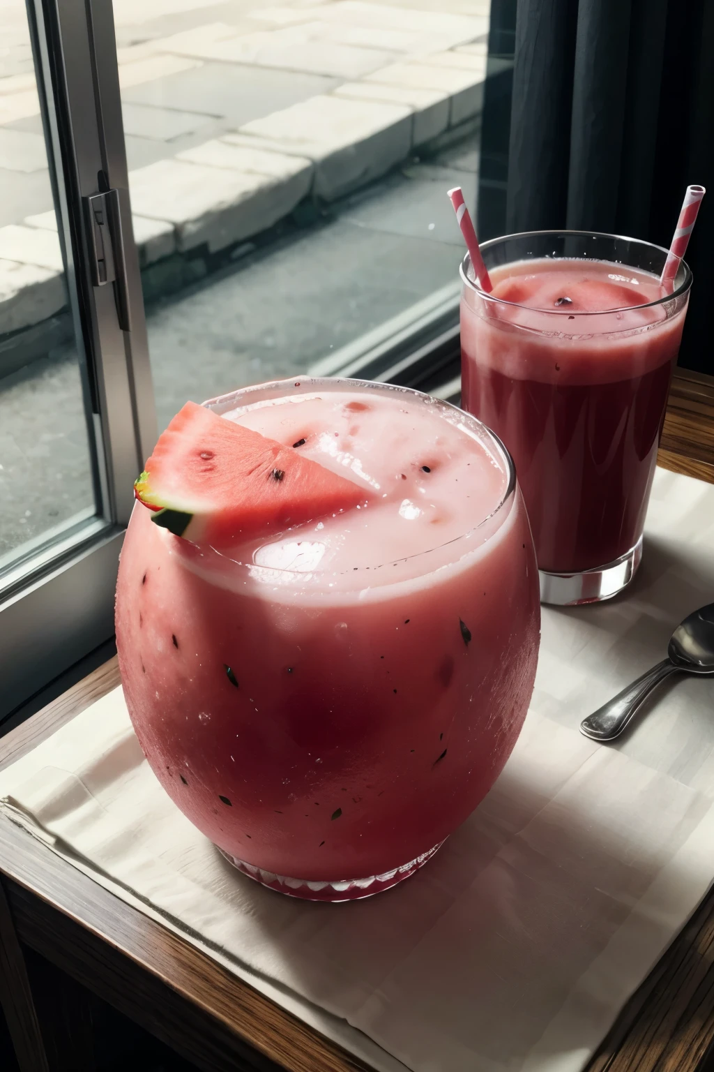 a glass with watermelon juice under a glass table