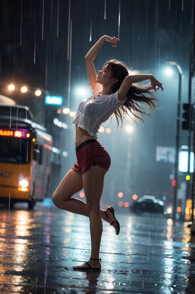 Woman dancing in the rain listening to music 