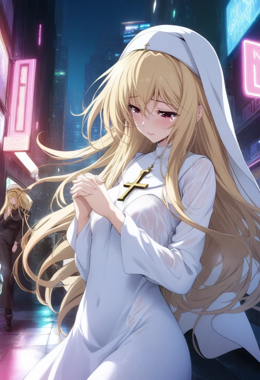 masterpiece, best quality, very aesthetic, absurdres, 1girl, mature_lady,nun_clothes,black_and_white_clothes, nun_headcovering crucifix, praying, interlocked fingers,closed_eyes,tears_in_eyes, head down,holy_light ,bathed in divine light,,konjiki_no_yami(to_love-ru), to_love-ru,1girl, blonde_hair, long_hair, two_side_up, red_eyes, small_breasts,,Cyberpunk City, Street, Night, neon light, neon sign,,floating_hair,wet_clothes