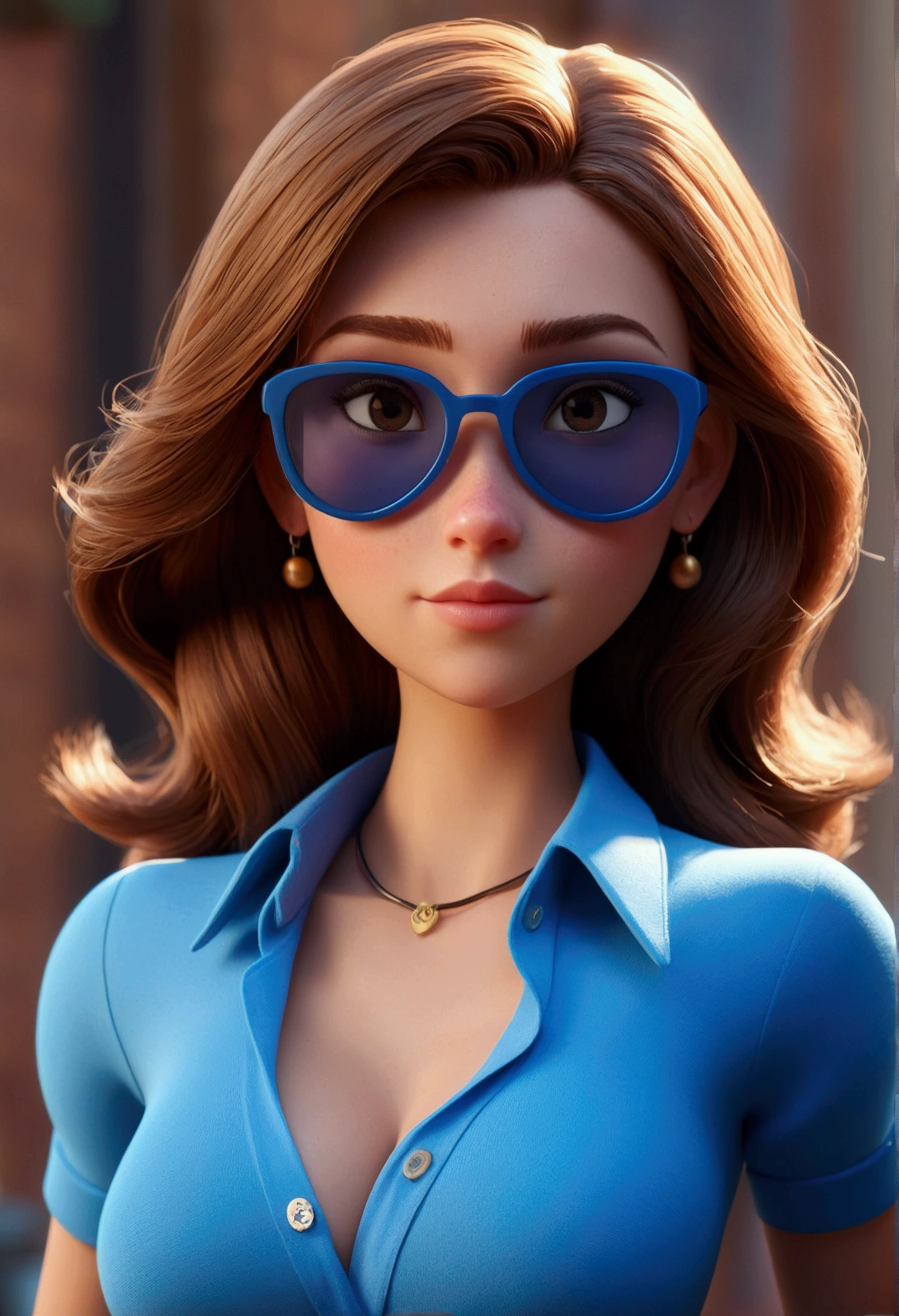 Cartoon character of a Russian girl with sunglasses and blue shirt, big breasts animation character, stylized character, animation style rendering, 3d stylized, Arnold Maya rendering, Stylized 3D rendering, toon render screenshot, 3d character, 3d character, Stylized 3D rendering, 3D character rendering, cartoon character, Personagem de close up, character posing, (Pixar-style) (master part:1.2) (bokeh) (best qualityer) (skin detailed) (detailed texture) (8k) (Argilla) (cinematic lighting) (sharp focus