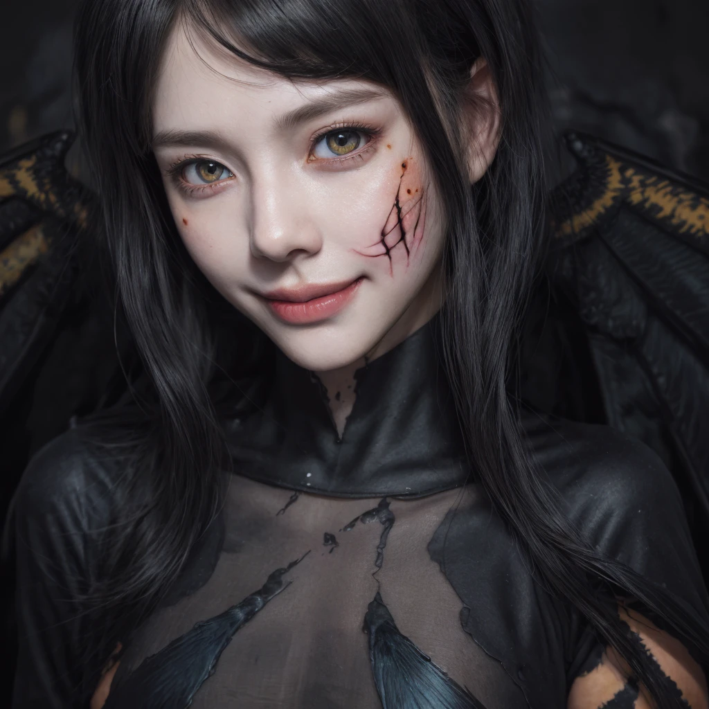 absurdres, 1girl, medium , star eye, blush, (realistic:1.5), (blue eyes:0.7), (short hair:1), (masterpiece, Extremely detailed CG unity 8k wallpaper, best quality, highres:1.2), (ultra_detailed, UHD:1.2), (pixiv:1.3), perfect illumination, distinct, (1girl:1.4), (bishoujo:1.2), looking at viewer, unreal engine, sidelighting, perfect face, detailed face, bangs, perfect body, beautiful eyes, pretty face, (bright skin:1.4), idol, (abs), ulzzang-6500-v1.1, (navel), ruins, dark place, night, dark aura, fire, burning, (blood on face:1.4), (evil smile:1.3), (black wings:1.5), close-up, (:1.5)