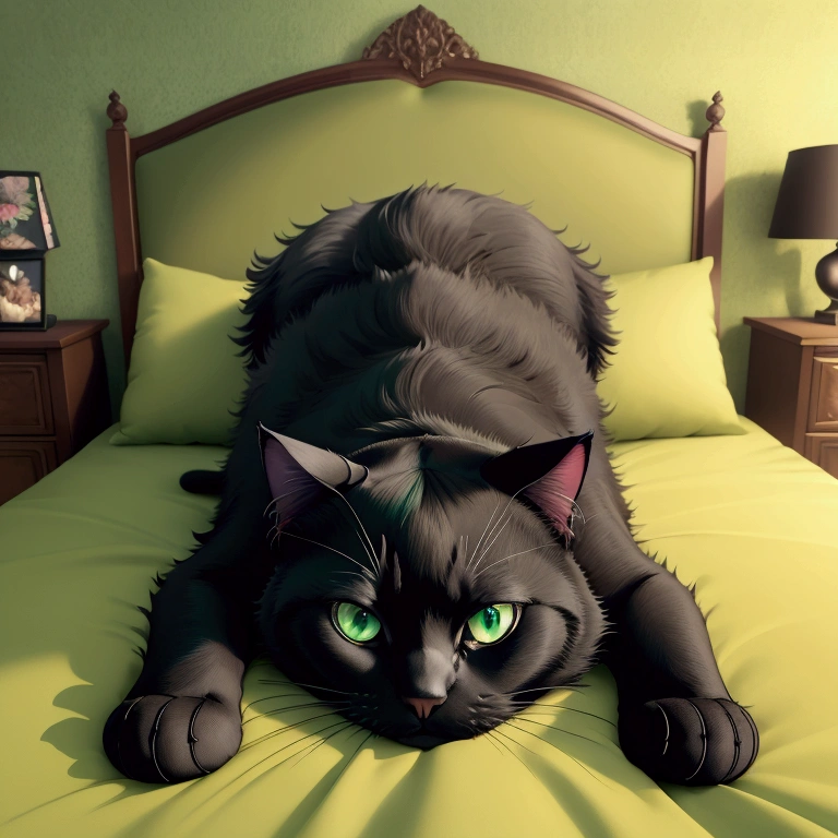 (masterpiece, best quality, vivid colors), An black cat with green eyes lying very comfortably on a bed with cushions, (only), light green eyes, very detailed and beautiful eyes, fat cat, lying on her back above, anime screencap, the background is a room, high detail, high resolution, UHD, 4K, 8K
