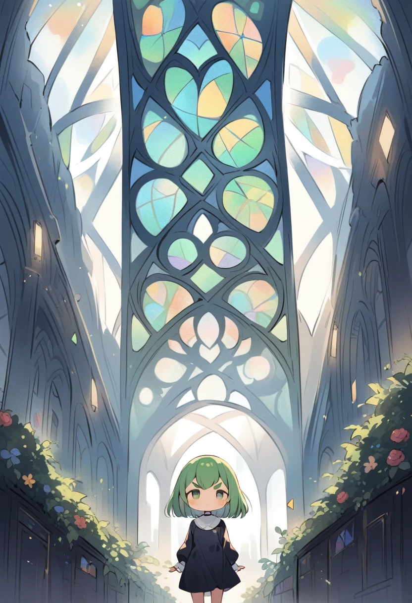 (loli:1.4),(little female child:1.4), cute face, 6 years old,kawaii, (highlight on eyes:1.1), small breast, (jiggly:0.8), shiny skin,(mini girl:1.5),
BREAK
(green maro eyebrows:1.5), :<, (jitome:1.1),pouty and slightly grumpy,(medium green hair:1.2),pout,disgusted eyes, green eyes, puffy eyes,
BREAK
breathtalking Scenery, breathtalking Beauty, breathtalking Cute,scenery, (best quality, masterpiece:1.2), (ultra high quality:1.2),smooth soft skin, natural skin,watercolor,
BREAK
Dutch angle,Atrium structure,ceiling,floral point black nun dress, nun veil,choker,excessive detailed collarbone,bare collarbone, long hem,wide shot,dynamicangle,
BREAK
(stain glass inspired by leaf mark), (rose shaped stained glass),(music note effect fused with stained glass),(multi-layered grass shaped stained glass),(heart shaped Church windows),nature theme,stained glass leaf,(Multiple stained glass musical note),tiffany,dust particles,