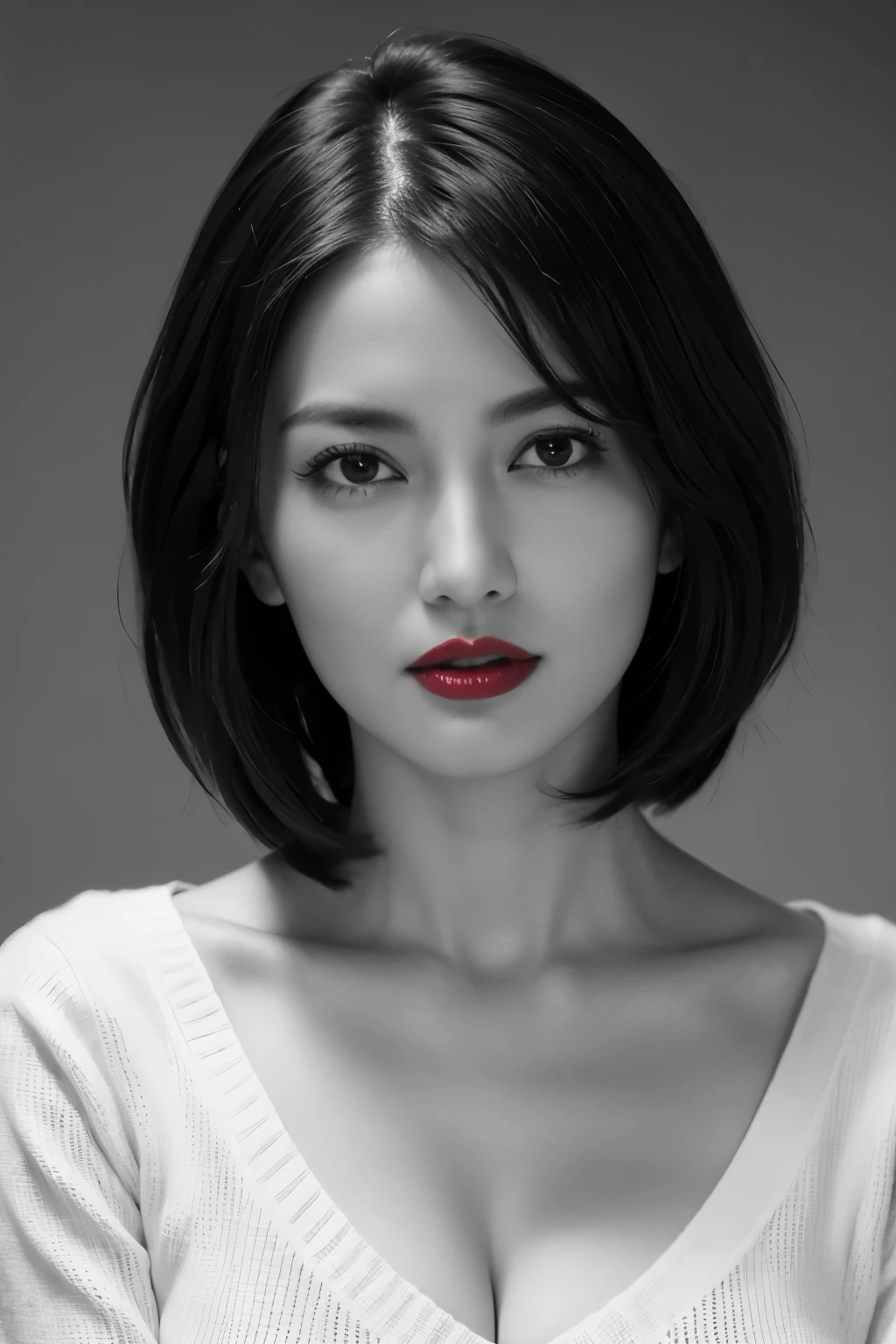 Tabletop, Highest quality, Realistic, Very detailed, finely, High resolution, 8k wallpaper, RAW Photos, Professional, High level of detail, 1 girl, ((((Black and white photography)))), (((Red lips))), ((Looking into the camera)), Upper Body, short hair, Bob Hair, (Straight hair), Shapely breasts, Cleavage, V-neck light knit sweater