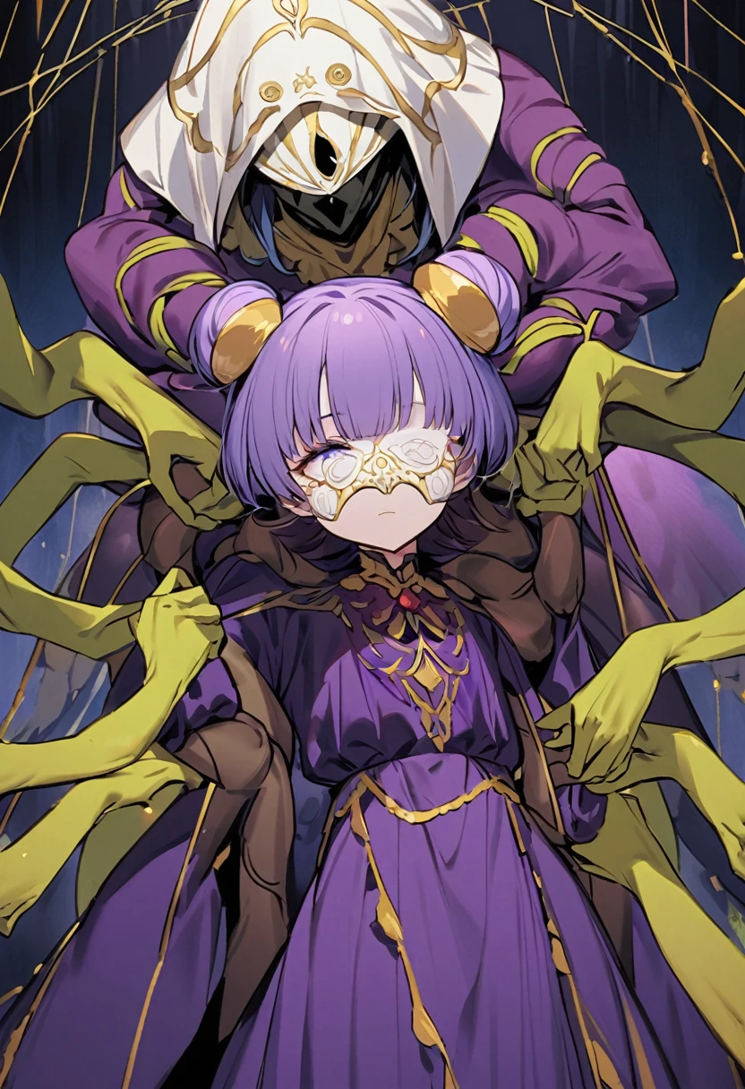 a very tall and white man, he is wearing an old French purple costume, he has six arms and wears yellow gloves on each of his six hands, he wears a purple wig with bangs and two buns and a white mask with red dots around the eyes that covers your entire face. He has a blue right eye and is blind in the left eye, he hangs from a green spider's web as if he were dancing, he is a strange and hideous yet strangely attractive monster.