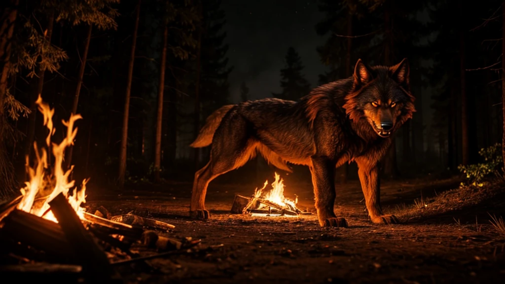 a werewolf with reddish-brown fur that walked on its hind legs with a muscular, menacing body, its eyes glowing like embers, stalks the camp, its every movement shrouded in mystery